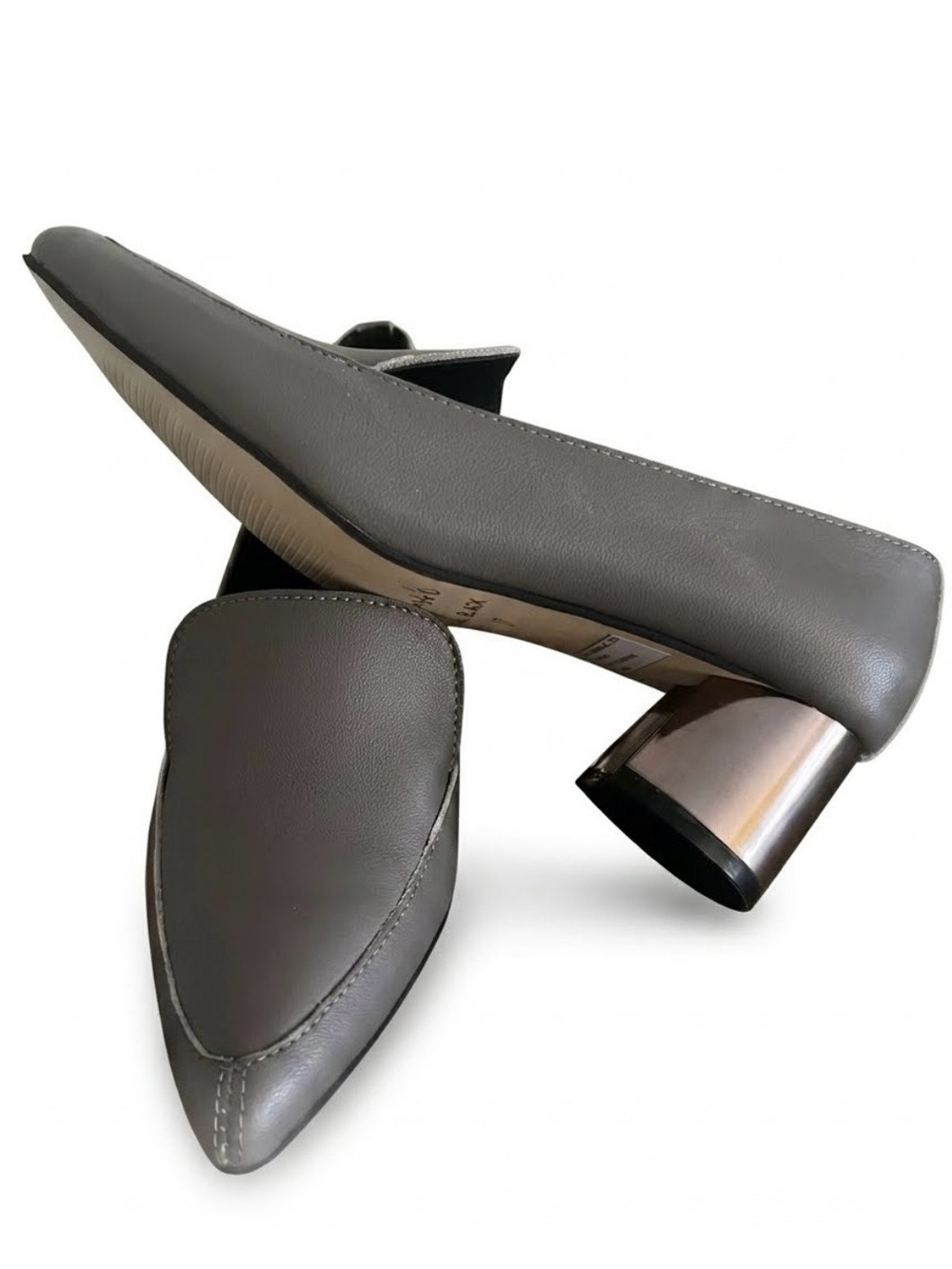 “All Black”  Gray Ultra Point Metallic Heel Leather Pumps- Anthropologie